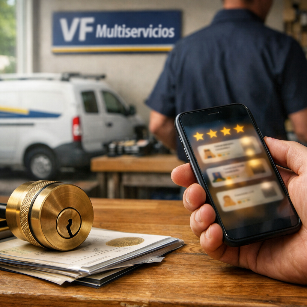 Primer plano de mano en un banco de trabajo, sosteniendo un smartphone; sugiere "¿Qué empresa de cerrajería elegir para cambiar cerraduras de seguridad?