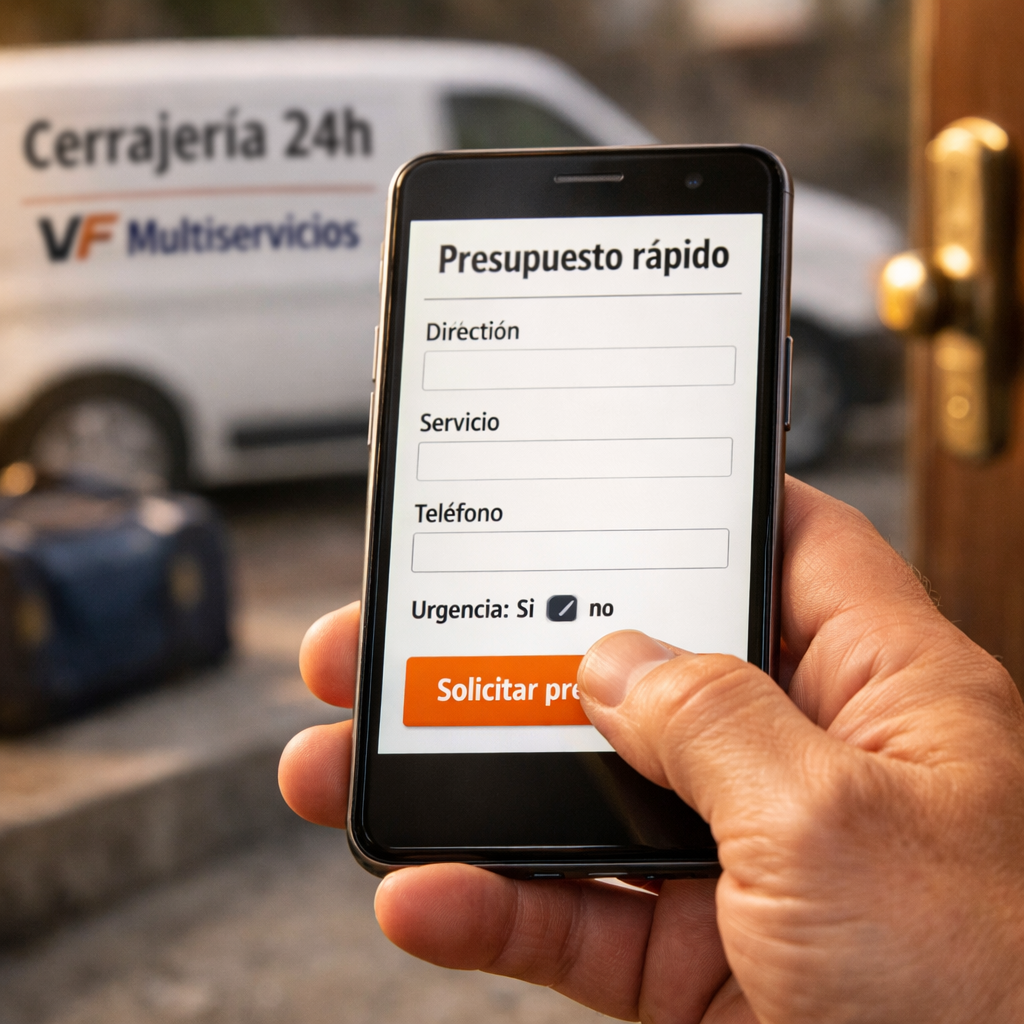 Mano sosteniendo un smartphone mostrando un formulario "Presupuesto rápido" para cerrajería: "Como puedo obtener un presupuesto rapido para servicios de cerrajeria en mi area".